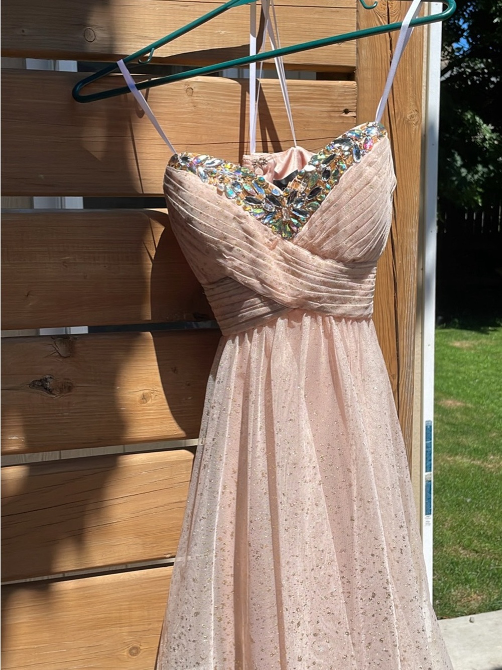 Xscape Blush Sparkle Strapless Evening Gown with Jeweled Sweetheart Bodice